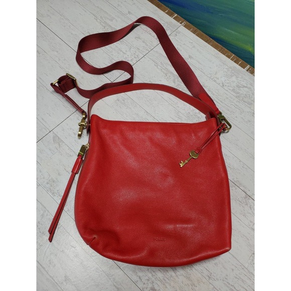 FOSSIL Maya Hobo Purse bright RED Leather Satchel Crossbody convertible Handbag - Picture 1 of 12